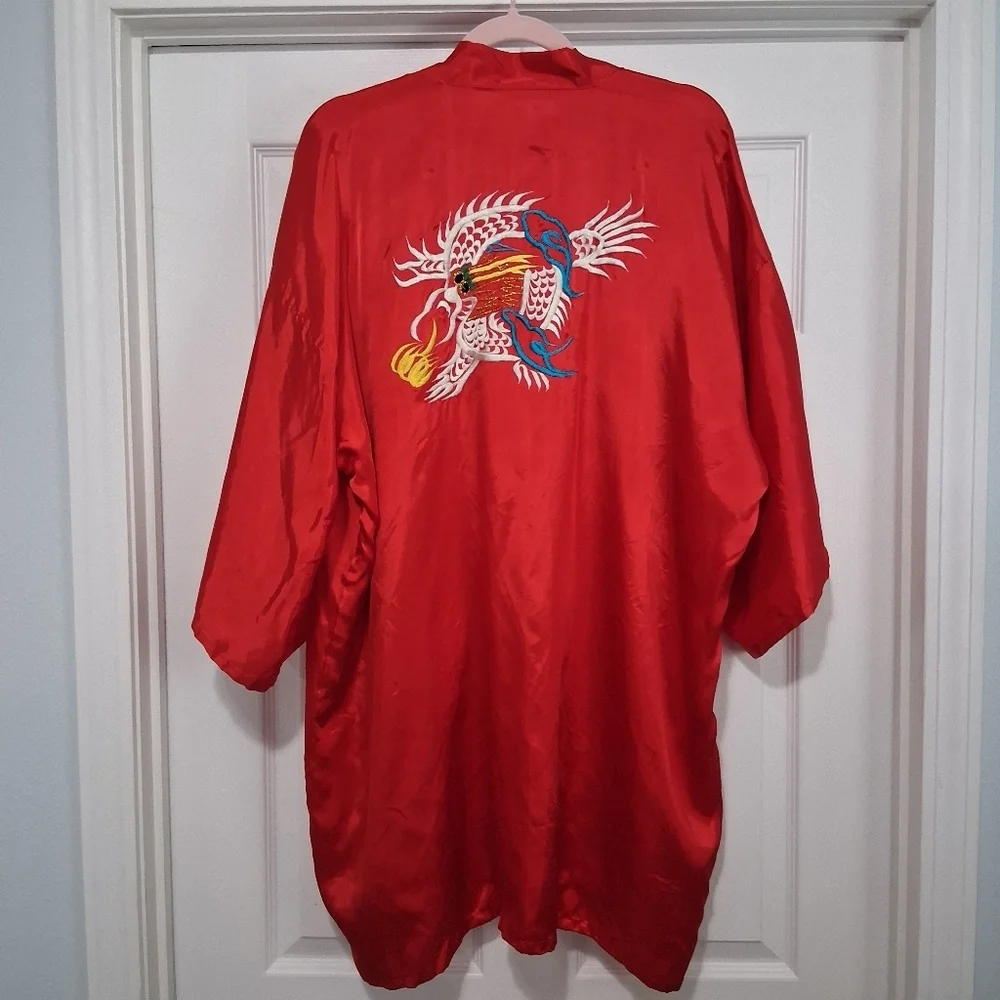 Vintage Red Dragon Kimono Robe Embroidery And Waist Tie